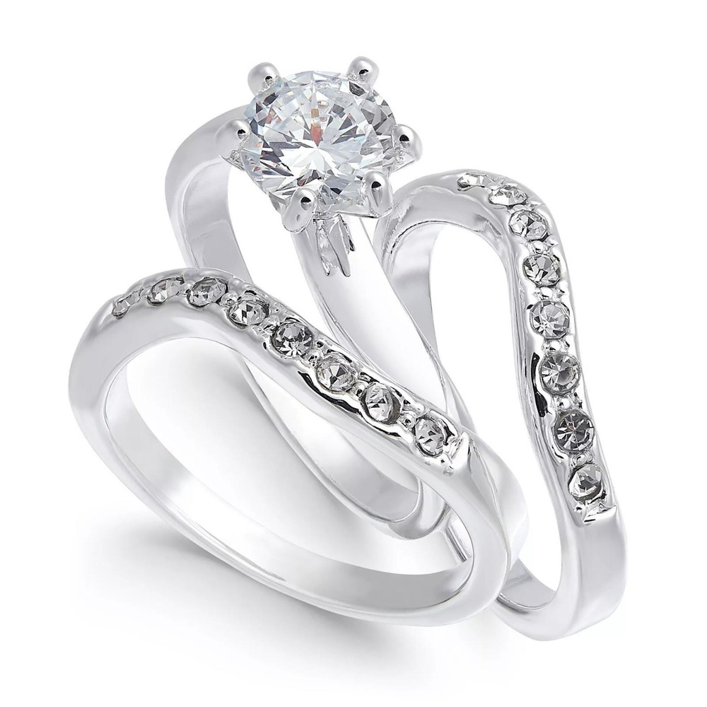 Charter Club Silver Plate Crystal Wavy Ring 3-piece, Size 7